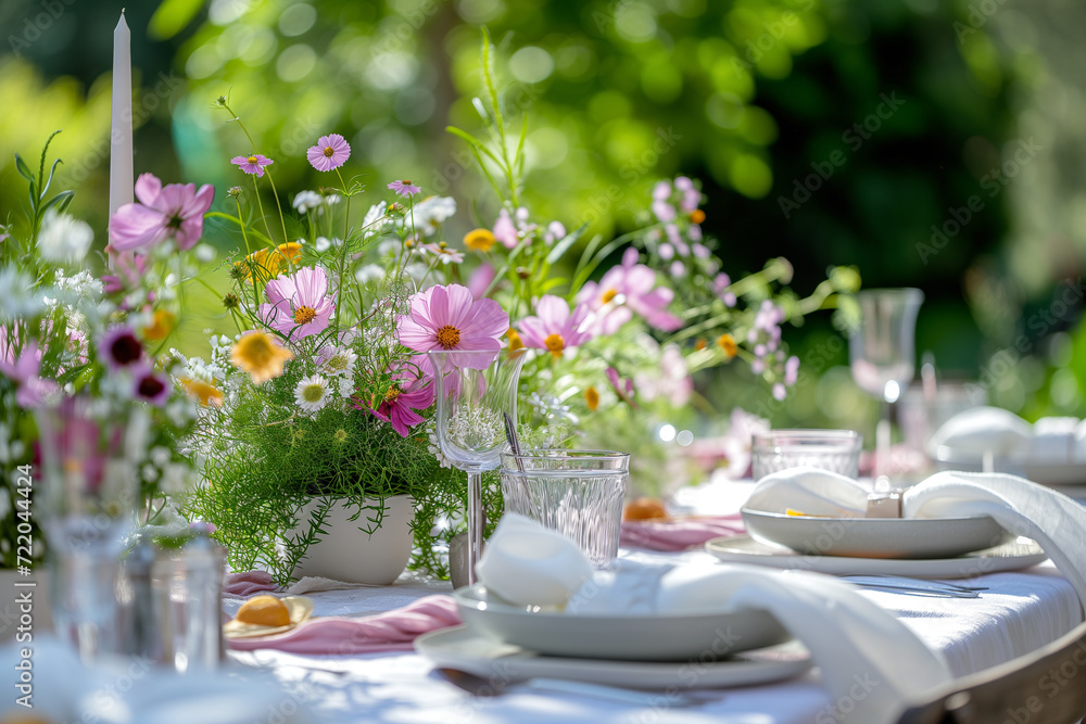 Fototapeta premium Outdoor table setting with cosmos flowers and cutlery