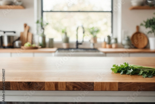 Selective focus on wooden kitchen island. Empty wooden table with copy space for display products. Clean countertop for cooking.