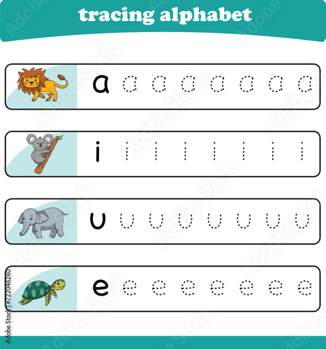 Writing practice for kindgarten kids. Alphabet tracing worksheet with wildlife animals. Vector illustration photo