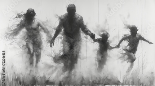 pencil drawing illustration, family refugees fleeing war into the unknown 