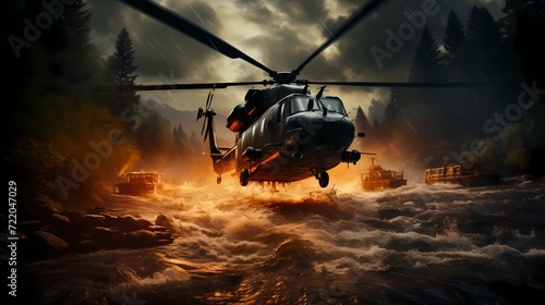 Military helicopter airlifting a tank across a river during a strategic operation