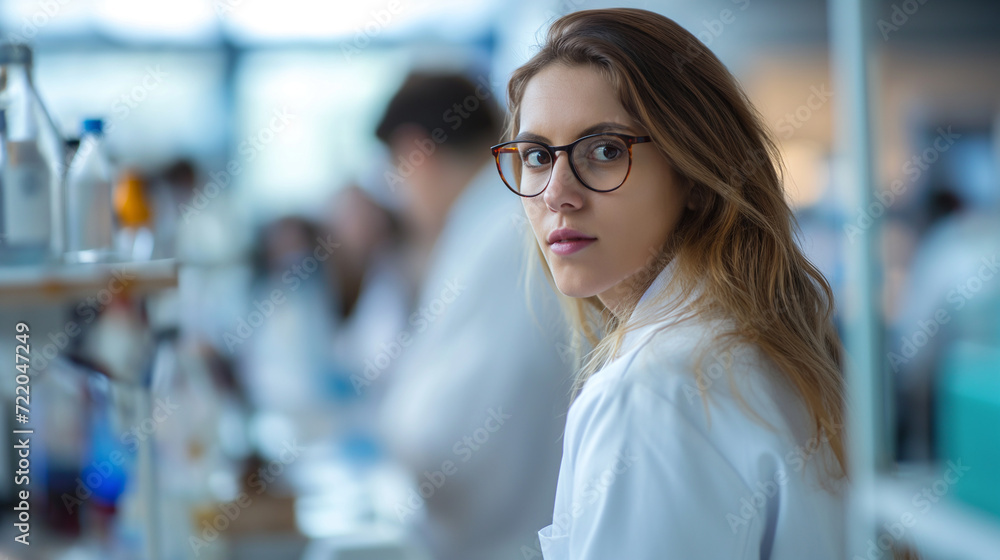 Beautiful young woman scientist in a white coat and glasses, working in a modern medical science laboratory. Team of specialists collaborating in the background Beautiful young woman scientist in a white coat and glasses, working in a modern medical science laboratory. Team of specialists collaborating in the background