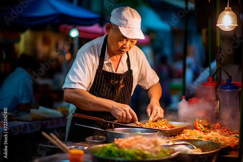 Chef prepares delicious pad thai in a street. photo