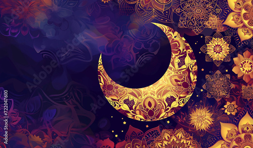 Ornate crescent moon in a floral patterned sky 