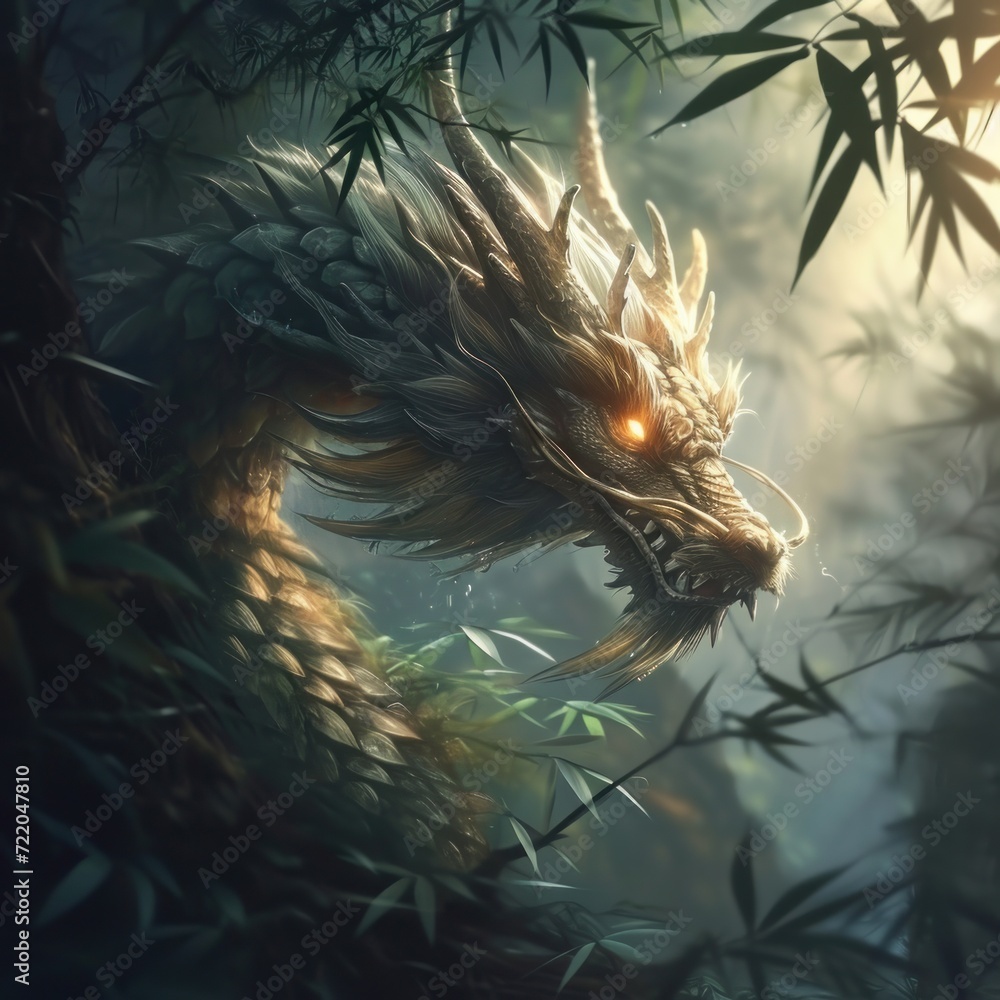 Wooden dragon, furious dragon in a jungle with bamboo.