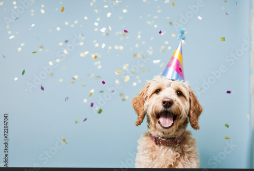 Happy cute dog wearing a party hat celebrating at a birthday party, surrounding by falling confetti, blue background.