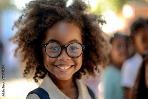 portrait of a smiling black girl with curly hair,glasses,against a background with classmates,a junior high school student,concept of school life,lesson preparation,educational projects and research