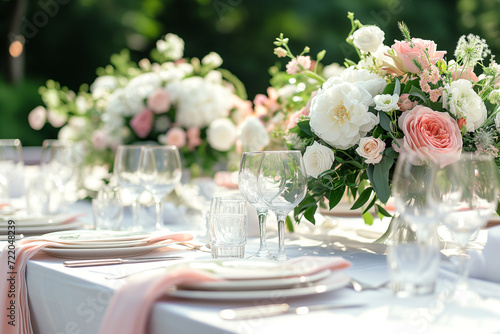 Wedding table setting with flowers and cutlery. 