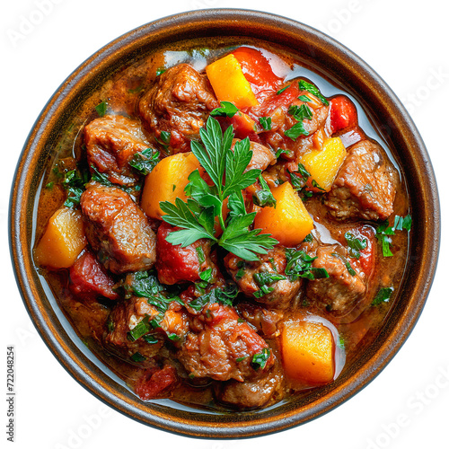 Goulash, Hungarian food, placed on a plate on a white background