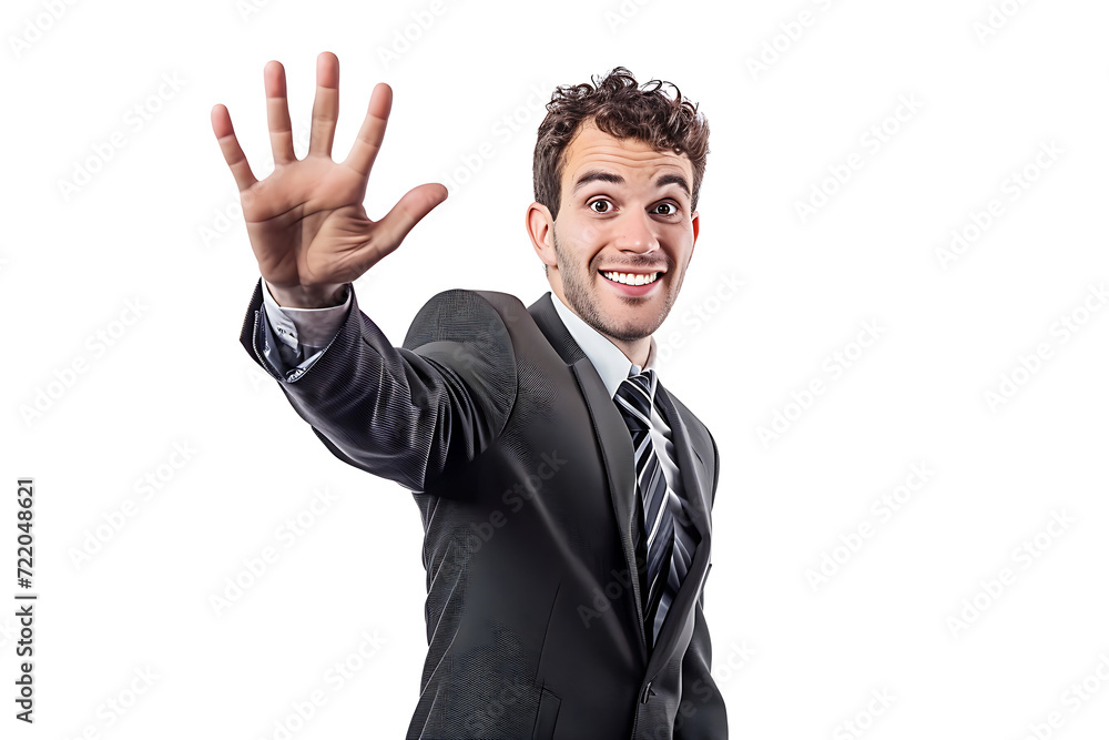 portrait of businessman hi gesture on isolated background portrait of businessman hi gesture on isolated background