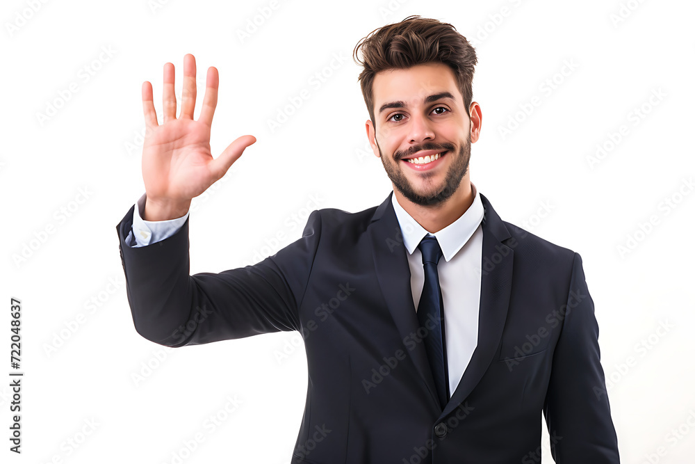 portrait of businessman hi gesture on isolated background portrait of businessman hi gesture on isolated background
