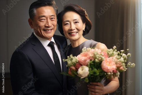 A happy Asian couple celebrating love and togetherness on their special day, with laughter, smiles, and a beautiful background.