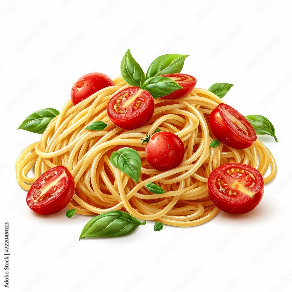 Traditional Italian linguini pasta with tomatoes and basil is isolated on a white background Traditional Italian linguini pasta with tomatoes and basil is isolated on a white background