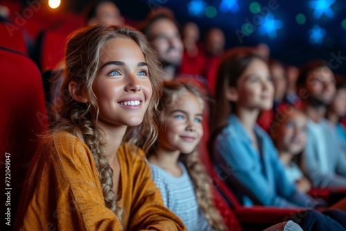 A diverse group of individuals, dressed in colorful clothing, share smiles as they sit in anticipation inside a movie theater, with a young girl and woman at the forefront
