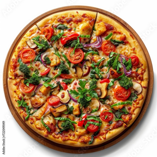 Vegetables pizza photo, fresh round pizza with vegetables, mushrooms and cheese top view on a white and gray background.