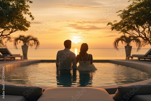 couple sitting at pool with sunbathing sunset sunrising