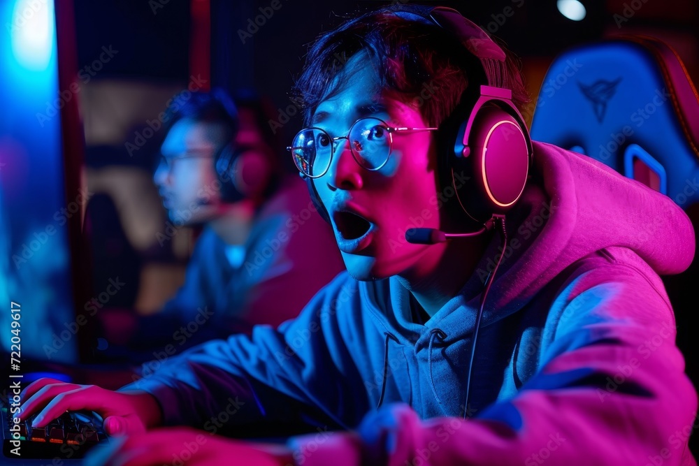 A man immersed in his own world, his face illuminated by the glow of his headphones and headset, lost in the rhythm and beat of the music in the comfort of an indoor space A man immersed in his own world, his face illuminated by the glow of his headphones and headset, lost in the rhythm and beat of the music in the comfort of an indoor space