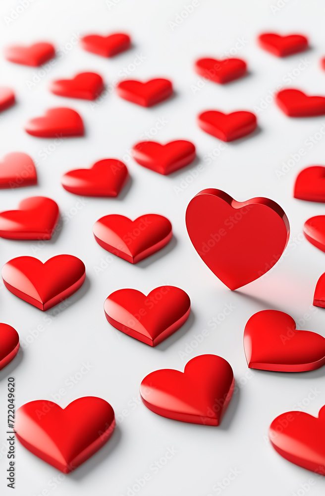 Wallpaper of background of red hearts on a white background with a blurred background. Vertical format.