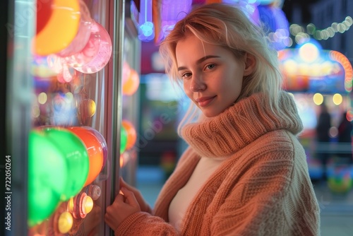 A woman gazes thoughtfully at the bright vending machine on the bustling street, her face illuminated by the soft glow as she contemplates her next choice
