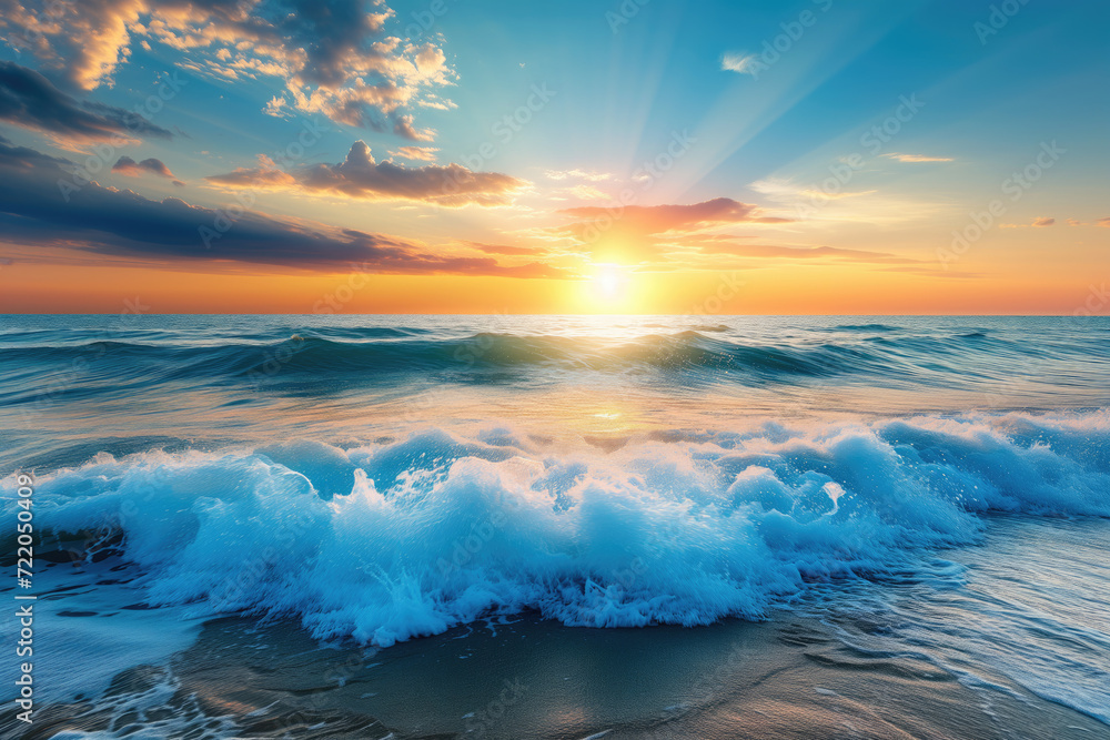 Sea waves against blue sky, sunset