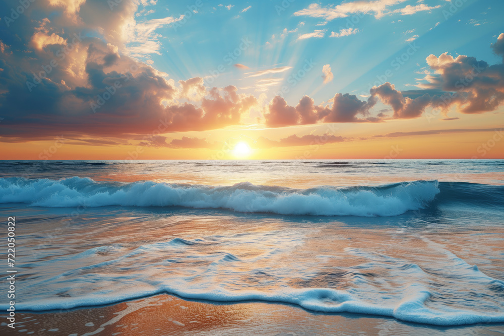 Fototapeta premium Sea waves against blue sky, sunset