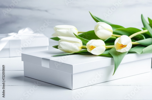 White tulips next to a white gift box on a white table. Women's day, mother's day.