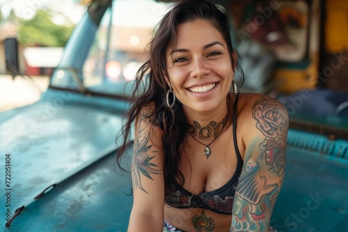 A girl with a radiant smile and bold tattoos on her arm stands confidently outdoors, exuding individuality and self-expression through her unique sense of style
