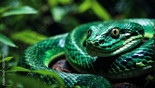 Snake on wooden background. Green snake is symbol of 2025.