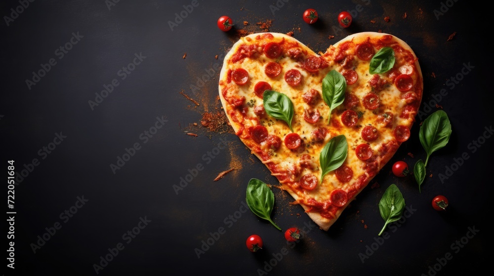 Heart shaped pizza for Valentines day on dark rustic wooden background. Top view, copy space. Heart shaped pizza for Valentines day on dark rustic wooden background. Top view, copy space.