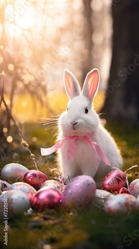 Happy Easter. hare with pink bow  ribbon and painted eggs on grass. tradition of looking for colorful eggs. copy space