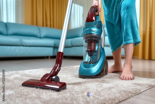 A diligent person diligently cleans their indoor space, carefully maneuvering a powerful vacuum cleaner over the floor to remove any dust and debris © Pinklife