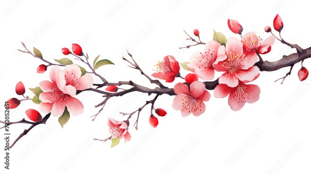 Naklejka premium Elegant Cherry Blossoms on Twisted Branch: Watercolor Tranquility - Generative AI