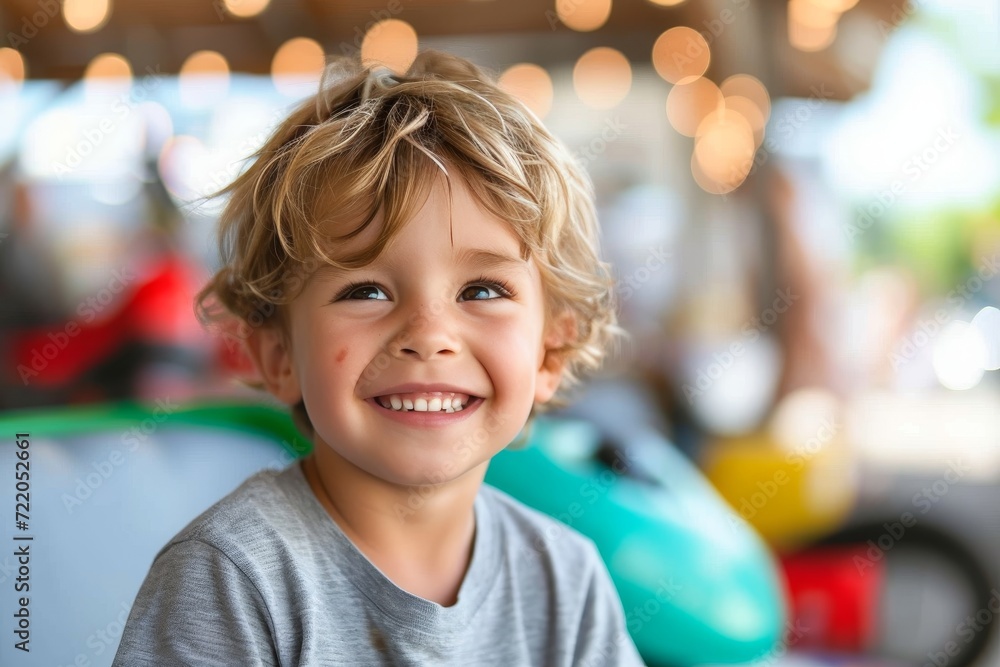 A joyful young boy beams with pure innocence while standing in front of a car, his grey shirt blending seamlessly with the outdoor surroundings A joyful young boy beams with pure innocence while standing in front of a car, his grey shirt blending seamlessly with the outdoor surroundings