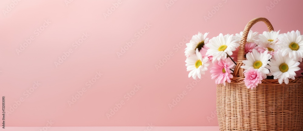 Delicate Pink Blossoms and Daisies in Wicker Basket - Pastel Elegance - Generative AI