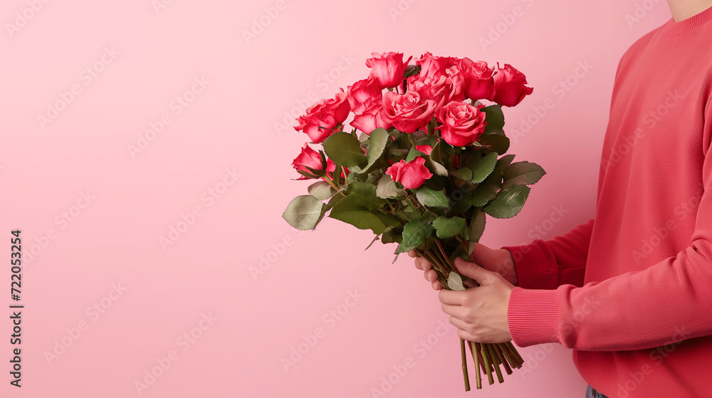 Man giving flowers for lover. Valentine's day concept background. Copy space.