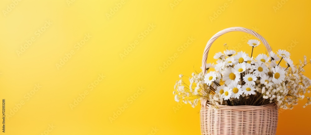 Sunshine and Daisies: White Flowers in Wicker Basket on Yellow - Generative AI