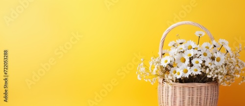 Sunshine and Daisies: White Flowers in Wicker Basket on Yellow - Generative AI © Gelpi