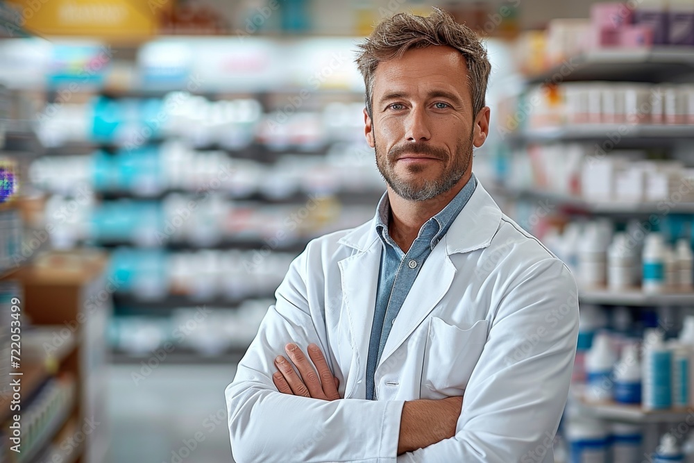 A man in a white coat stands confidently amidst shelves of pharmaceuticals, his human face bearing a sense of expertise and knowledge in the indoor pharmacy shop, while the bustling outdoor world con A man in a white coat stands confidently amidst shelves of pharmaceuticals, his human face bearing a sense of expertise and knowledge in the indoor pharmacy shop, while the bustling outdoor world con