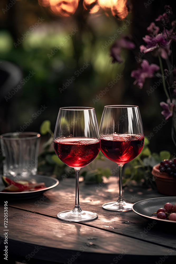 Two glasses of red wine on the table outdoors on blurred vineyard background Two glasses of red wine on the table outdoors on blurred vineyard background