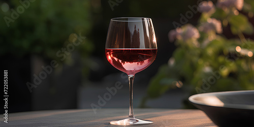 Glass of red wine on the table outdoors on blurred natural background