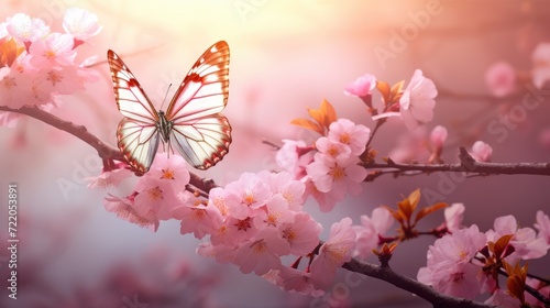 Serene Spring Awakening: Butterfly and Cherry Blossoms in Soft Sunlight - Generative AI