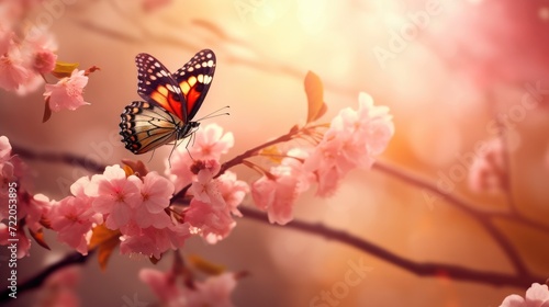 Serene Spring Awakening: Butterfly and Cherry Blossoms in Soft Sunlight - Generative AI © Gelpi