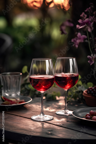 Two glasses of red wine on the table outdoors on blurred vineyard background