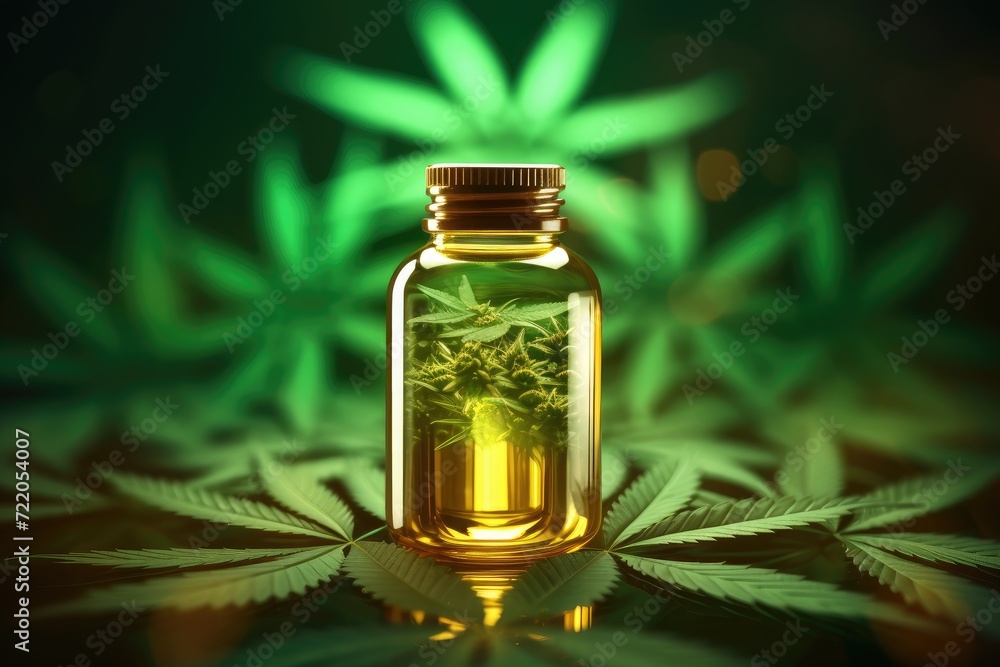 Golden CBD Oil Capsules with Cannabis Leaf: Natural Wellness and Health - Generative AI Golden CBD Oil Capsules with Cannabis Leaf: Natural Wellness and Health - Generative AI