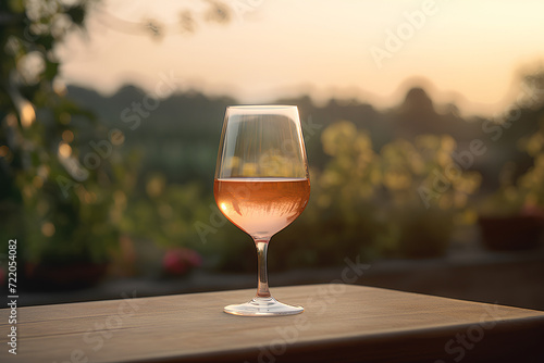 Glass of pink wine on the table outdoors on blurred vineyard background in evening