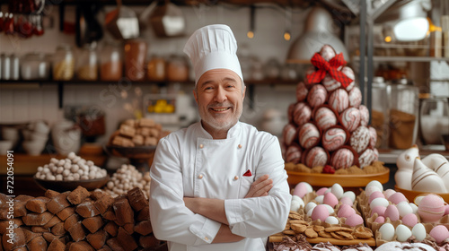 Portrait of a chocolatier man with Easter chocolate eggs on the background.
