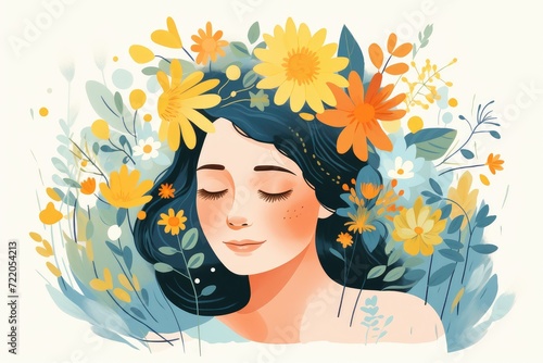 Floral Serenity: A Woman Embraced by Nature's Beauty in Pastel Illustration - Generative AI