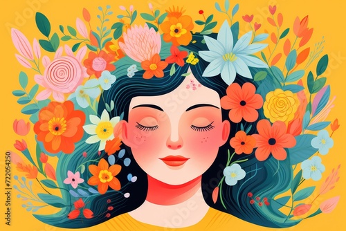 Floral Serenity: A Woman Embraced by Nature's Beauty in Pastel Illustration - Generative AI
