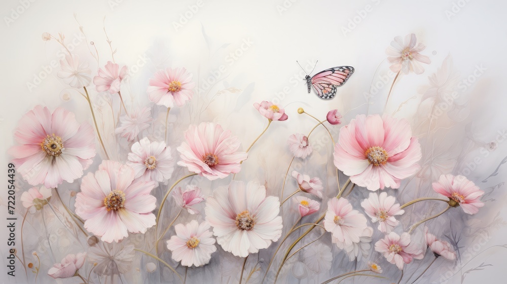 Pastel Dreams: Butterfly Fluttering Among Delicate Pink Blossoms - Generative AI Pastel Dreams: Butterfly Fluttering Among Delicate Pink Blossoms - Generative AI