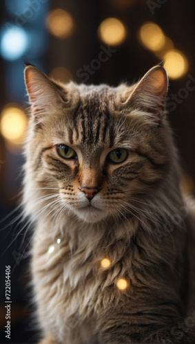 Fluffy cat sits on the street against a background of beautiful bokeh